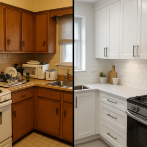 A split screen showing a cluttered dated kitchen transforme ► My Ottawa Handyman My Ottawa Handyman