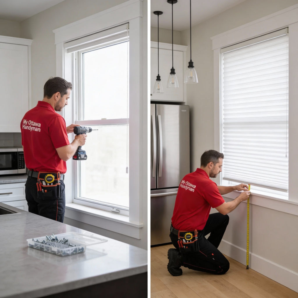 My Ottawa Handyman Precision blind installer Ottawa using a level for perfect window treatment alignment.