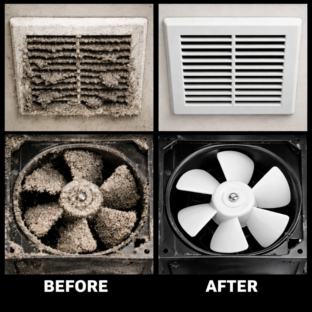 My Ottawa Handyman Before and after exhaust fan cleaning in an Ottawa bathroom showing removed dust buildup