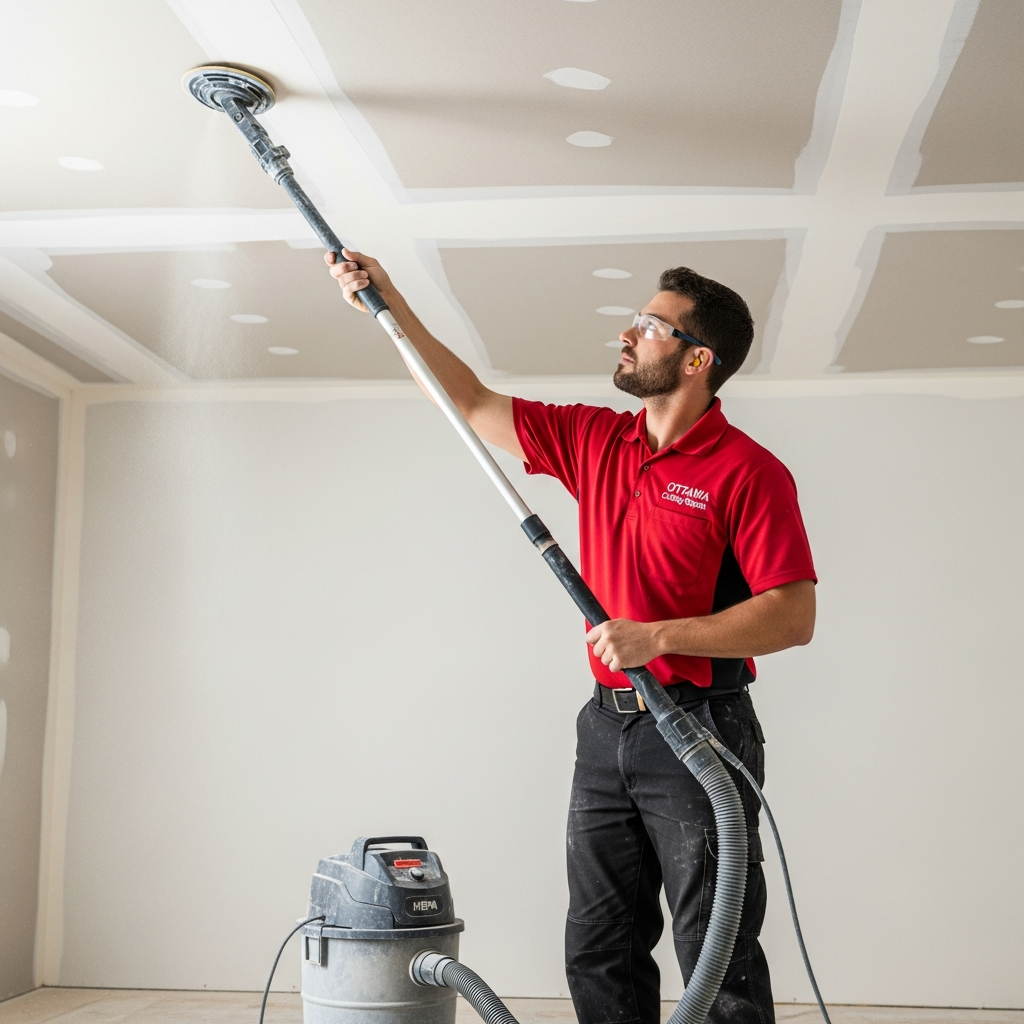 My Ottawa Handyman Professional ceiling repair Ottawa technician sanding drywall patch with dust protection