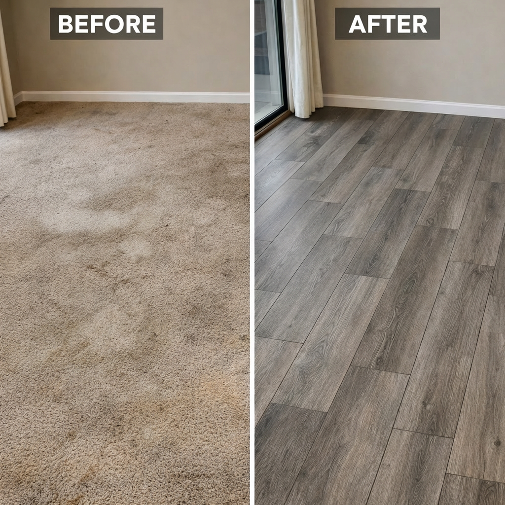 My Ottawa Handyman Before and after solid surface flooring installation in an Ottawa living room using grey oak luxury vinyl plank
