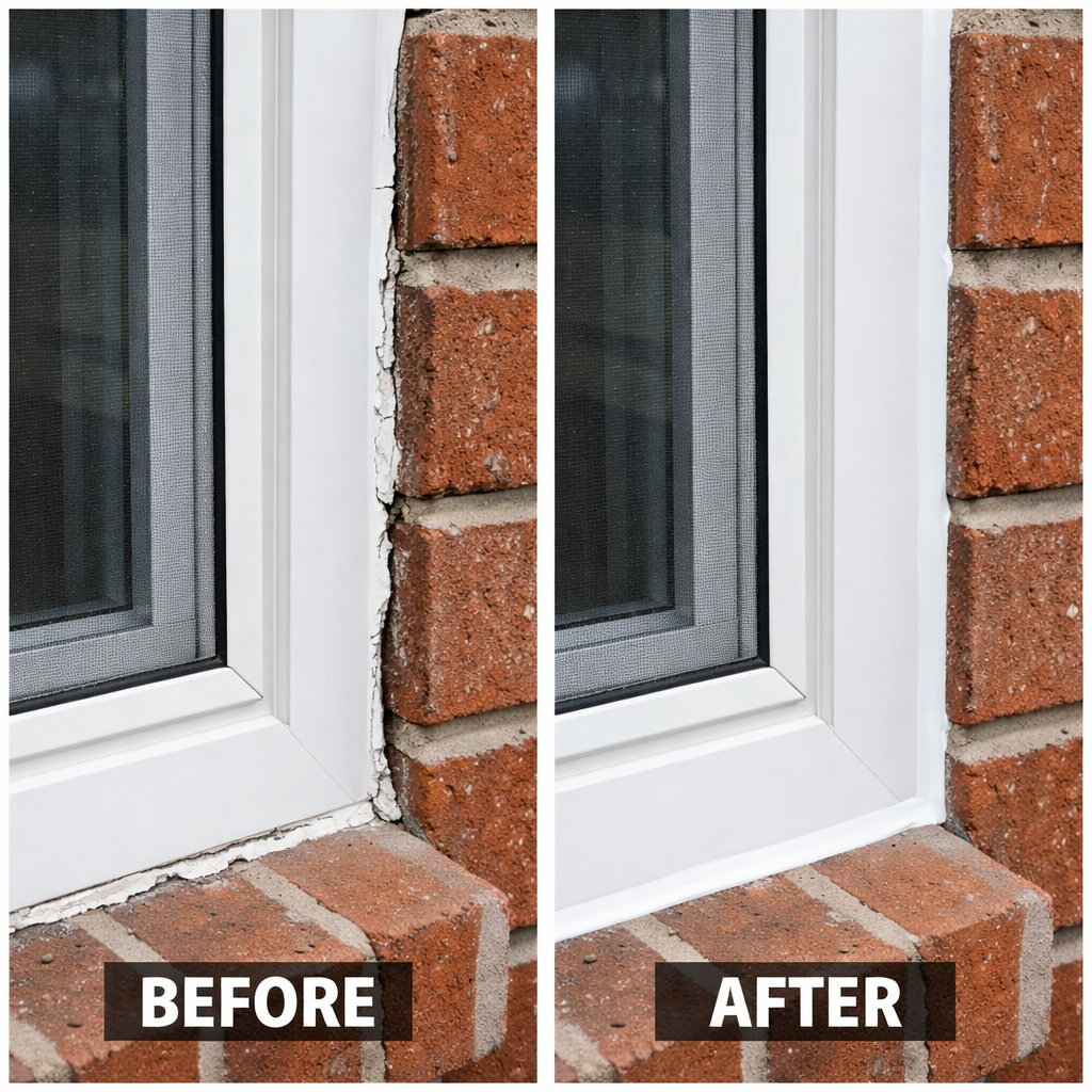 My Ottawa Handyman Before/After shot of a cracked window seal being replaced with fresh white silicone.