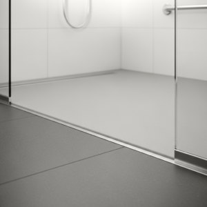 My Ottawa Handyman Close-up of a zero-entry shower floor transition for wheelchair accessibility.