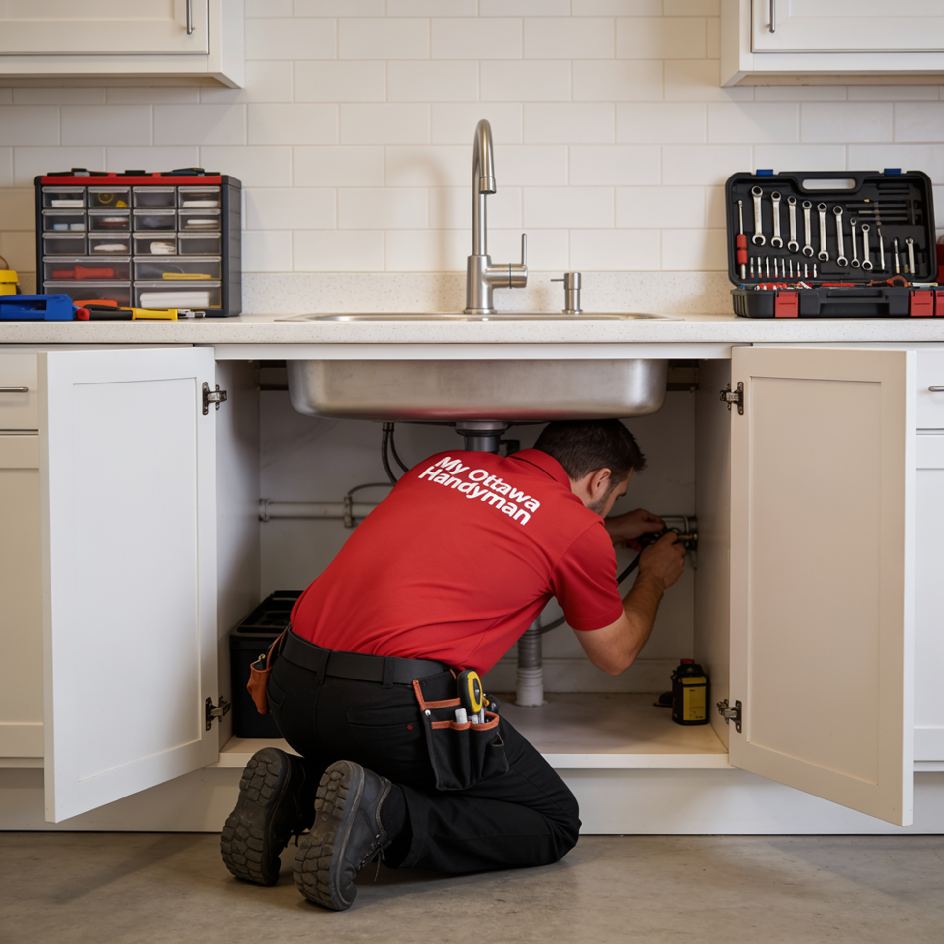 My Ottawa Handyman A wide shot of an Ottawa handyman in a branded uniform working under a sink with organized tools