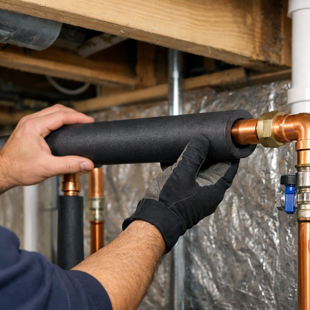 Water_line_insulation ► My Ottawa Handyman My Ottawa Handyman Professional pipe water line insulation Ottawa installation showing seamless foam sleeve on copper plumbing